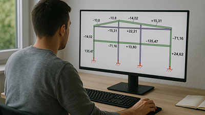 Mann am Schreibtisch betrachtet statische Berechnung eines Bauwerks auf dem Monitor