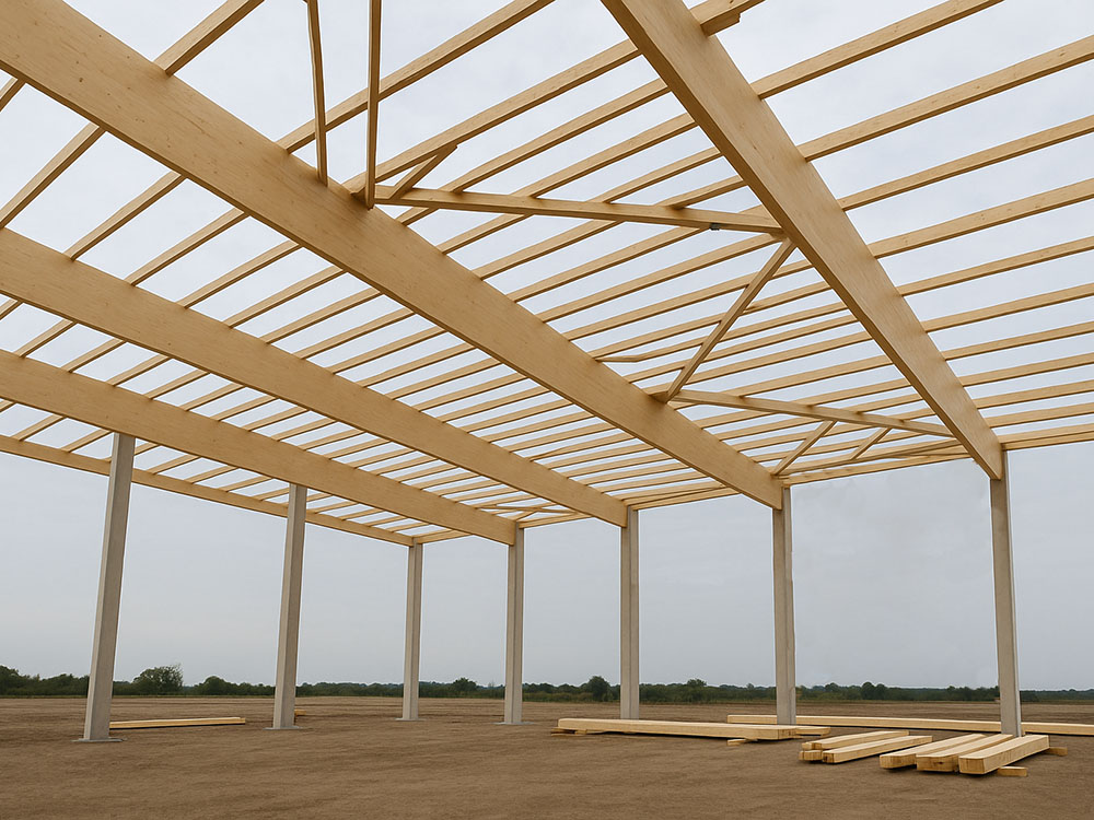 Offene Tragwerkskonstruktion aus Holz und Betonstützen für eine Industriehalle im Rohbau