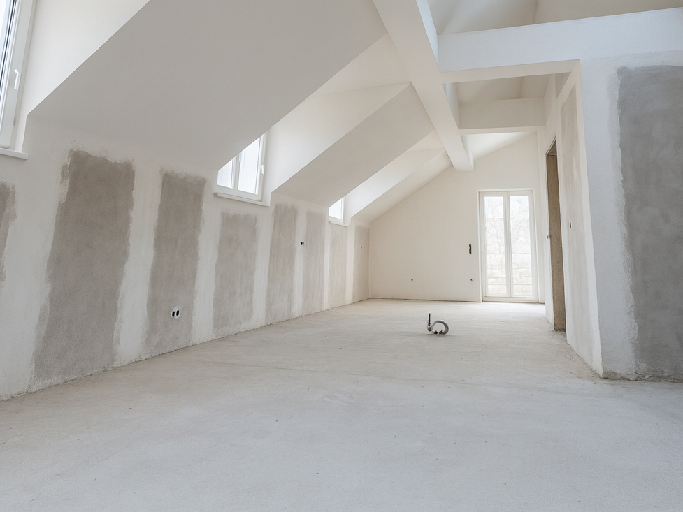 Heller Innenraum im Dachgeschoss nach Trockenbauarbeiten mit Gipskarton